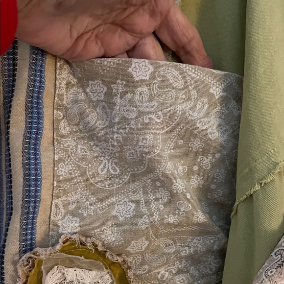 Blue Velvet Mixed Media Olive Green/Blue-White Stripe/Khaki/Lace Butterfly Shirt - Picture 5 of 16